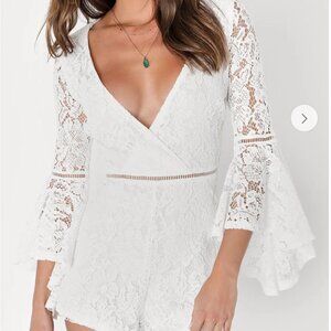 NWOT Lulus White Lace Faux Wrap Romper - Babygirl Style, Boho Cottagecore size M